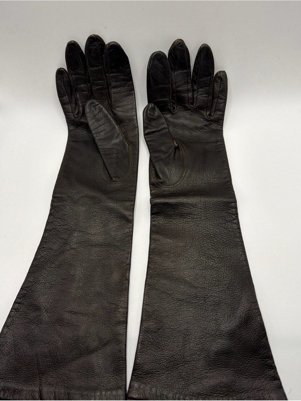 Vintage long brown leather gloves, opera length Size 7 fine Silk Lined 15inch